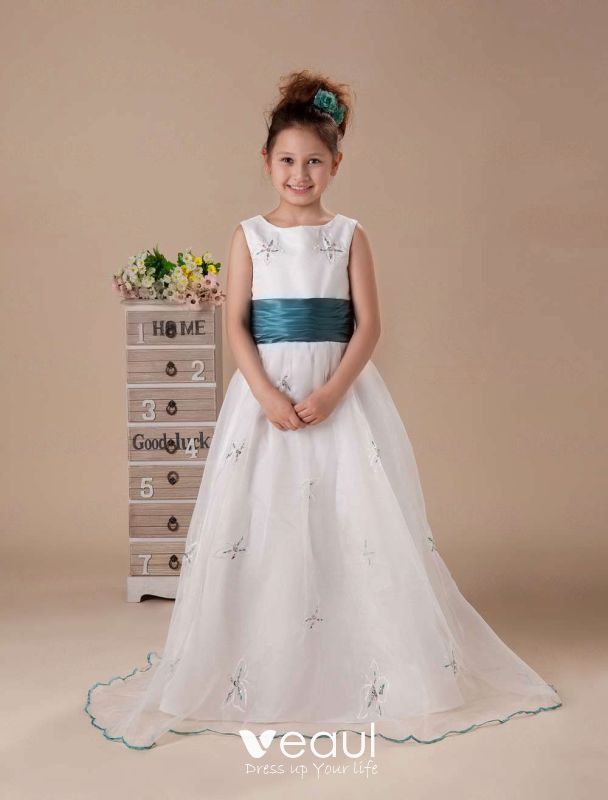 White A Line Crystal Satin Floor Length Flower Girl Dress