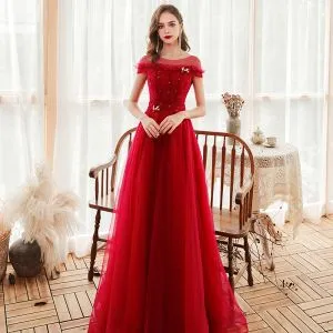 Chic / Beautiful Red Evening Dresses 2020 A-Line / Princess See-through  Scoop Neck Short Sleeve Beading Glitter Tulle Sweep Train Backless Formal 