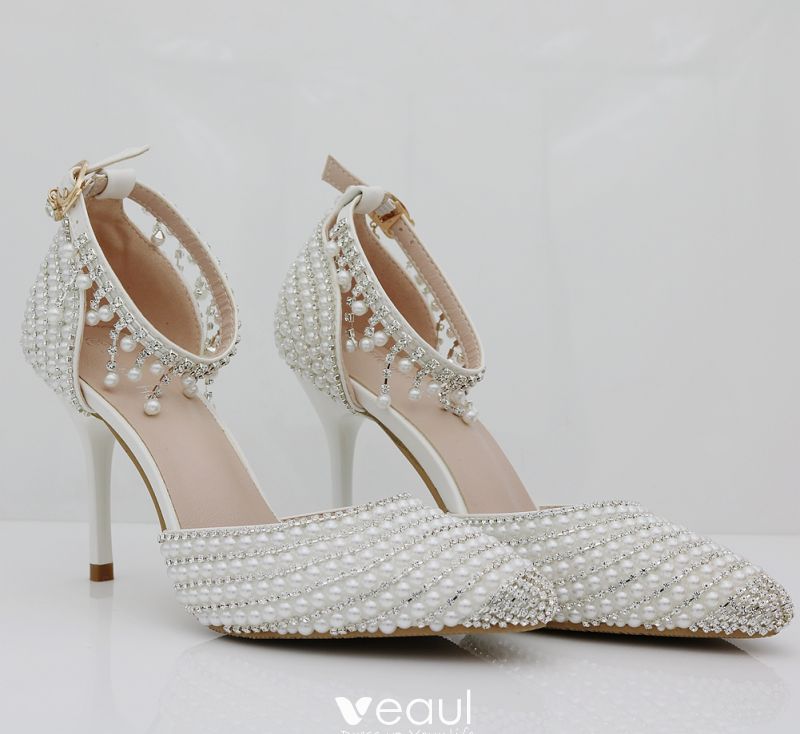 Sparkly White Wedding Shoes 2018 Pearl Rhinestone Ankle Strap 6 cm ...