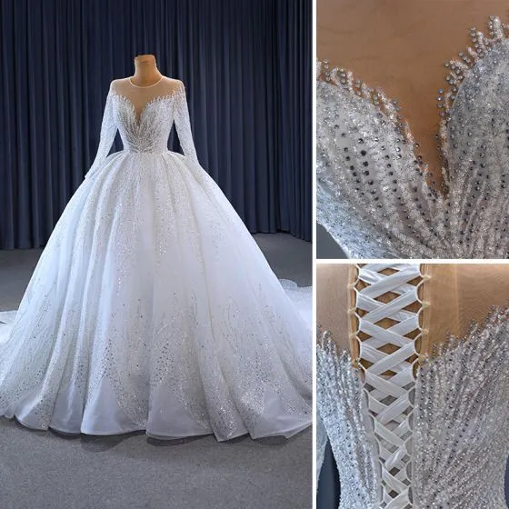 Luxury Gorgeous White Handmade Beading Rhinestone Wedding Dresses 2023 Ball Gown Scoop Neck Long Sleeve Backless Royal Train Wedding 560x560 