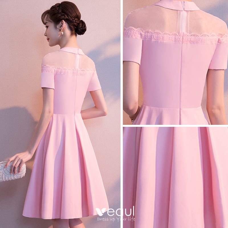 Modest / Simple Candy Pink See-through Homecoming Graduation Dresses ...
