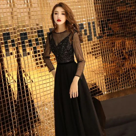 Affordable Black See-through Prom Dresses 2019 A-Line / Princess Scoop ...