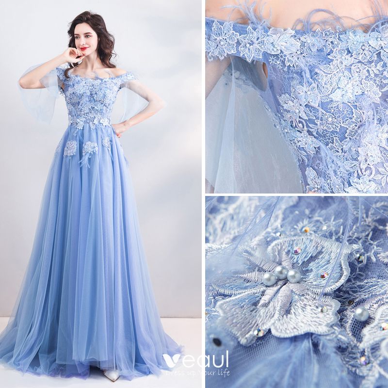 Chic / Beautiful Sky Blue Evening Dresses 2019 A-Line / Princess Off ...