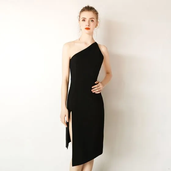 one shoulder black evening dress