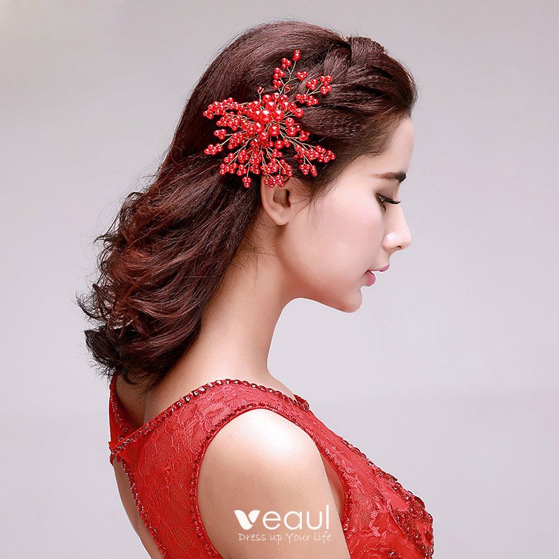 Bridal Pearl The Headpieces / Red Head Flower / Wedding Hair Accessories /  Wedding Jewelry