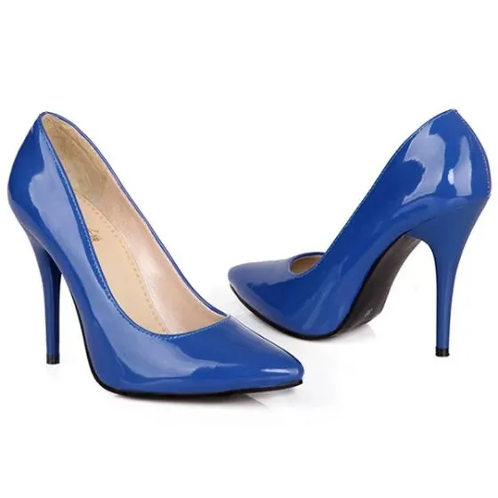 Classic Blue Pumps Stiletto Heels Patent Leather Womens High Heel Shoes