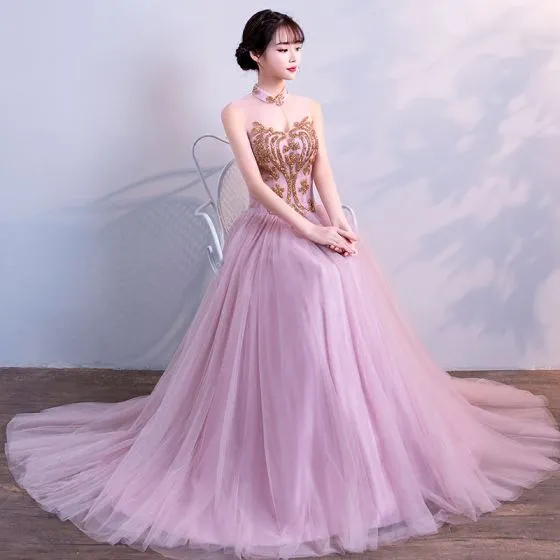 Chic / Beautiful Candy Pink Prom Dresses 2018 A-Line / Princess Glitter ...
