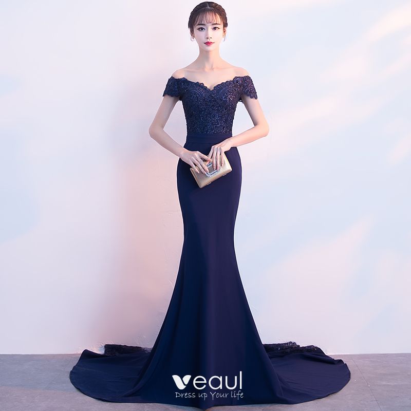 Charming Navy Blue Evening Dresses 2018 Trumpet / Mermaid Off-The ...