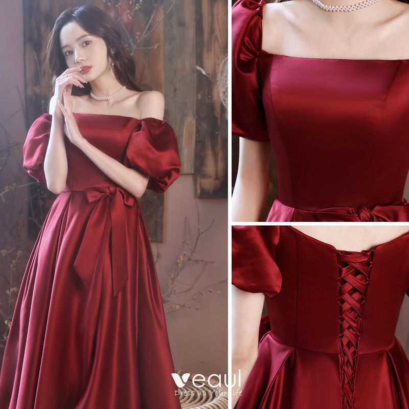 Chic / Beautiful Burgundy Split Front Satin Prom Dresses 2021 A-Line ...