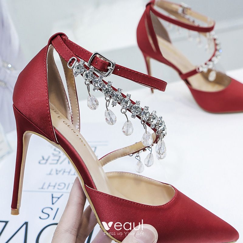 Charming Burgundy Wedding Shoes 2020 Rhinestone Ankle Strap 8 cm ...