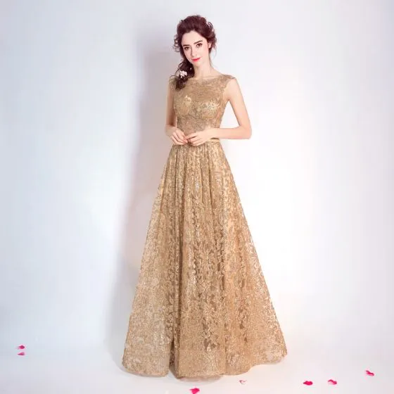 Chic Beautiful Gold Evening Dresses 2017 A Line Princess U Neck Chic Beautiful Gold Evening Dresses 2017 A Line Princess U Neck Tulle Liques Backless Glitter Sequins