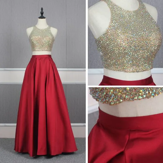 2 Piece Red Gold Satin Evening Dresses 2020 A-Line / Princess Scoop ...