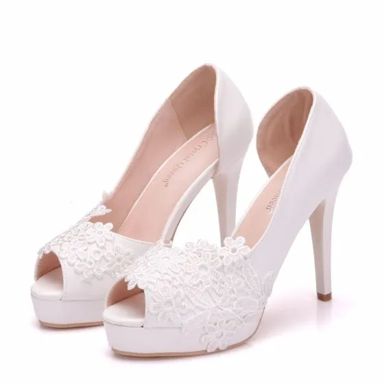 Chic / Beautiful White Wedding Shoes 2018 Lace 11 cm Stiletto Heels ...