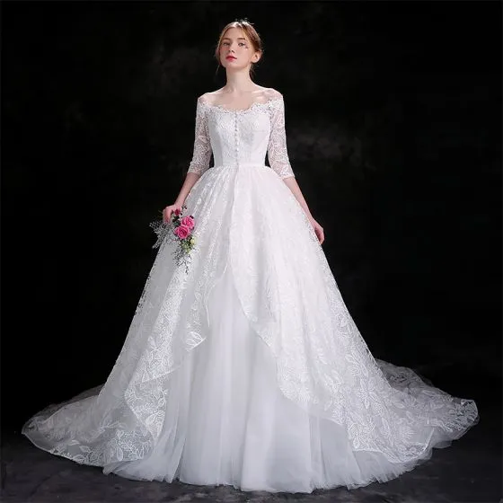 Chic / Beautiful White Wedding Dresses 2018 Ball Gown Buttons Lace ...