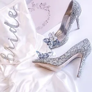 Sparkly Silver Cinderella Crystal Wedding Shoes 2021 Leather Sequins 10 cm  Stiletto Toe