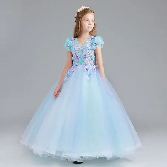 Chic / Beautiful Pool Blue Sky Blue Flower Girl Dresses 2017 Ball Gown ...
