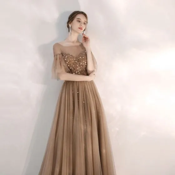 Elegant Brown Evening Dresses 2020 A-Line / Princess Scoop Neck ...