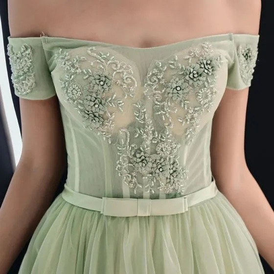 Elegant Sage Green Prom Dresses 2019 A Line Princess Off The Shoulder Lace Flower Appliques 