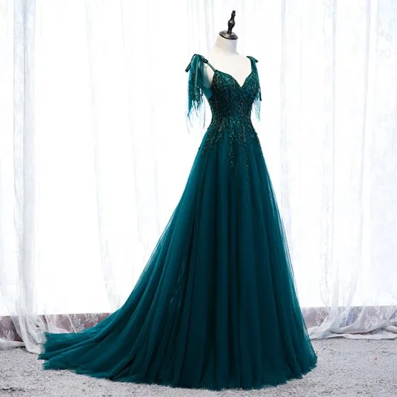 Best Dark Green Prom Dresses 2021 A-Line / Princess Spaghetti Straps ...
