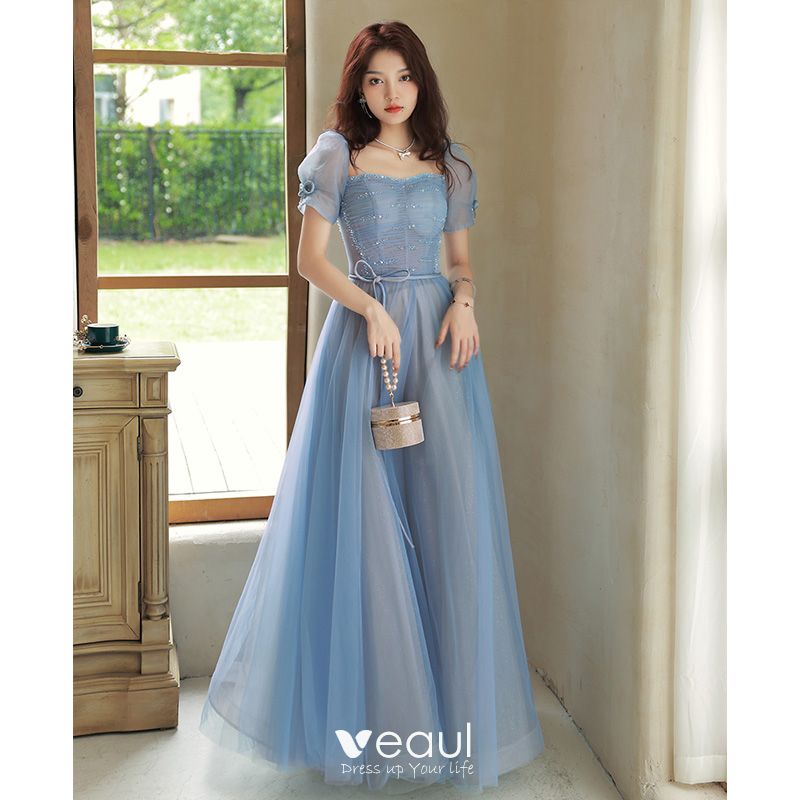 Modest Simple Sky Blue Prom Dresses 2023 A-Line / Princess Square Neckline Sleeve Backless Bow Sash / Long Prom Formal Dresses