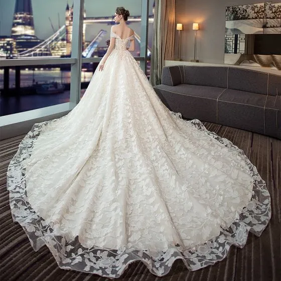 Bling Bling Ivory Wedding Dresses 2018 Ball Gown Off-The-Shoulder Short ...