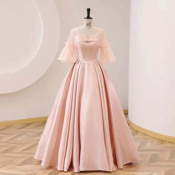 Elegant Candy Pink Satin Prom Dresses 2022 Ball Gown Square Neckline ...