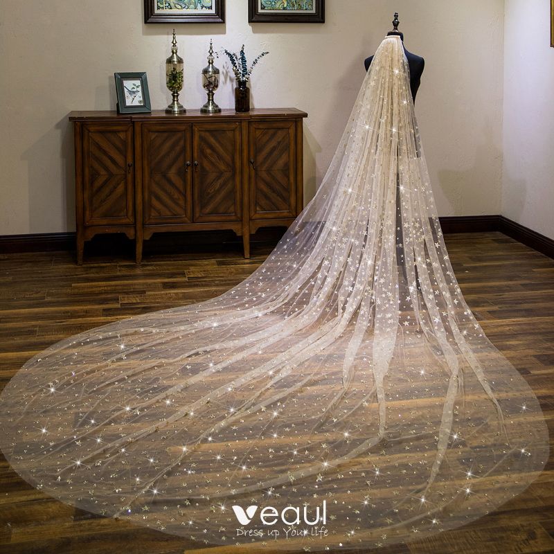 Sparkly Stunning Gold Wedding Veils 2020 Tulle Star Sequins Glitter ...