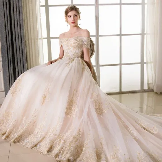 Elegant Champagne Wedding Dresses 2018 A-Line / Princess Lace ...