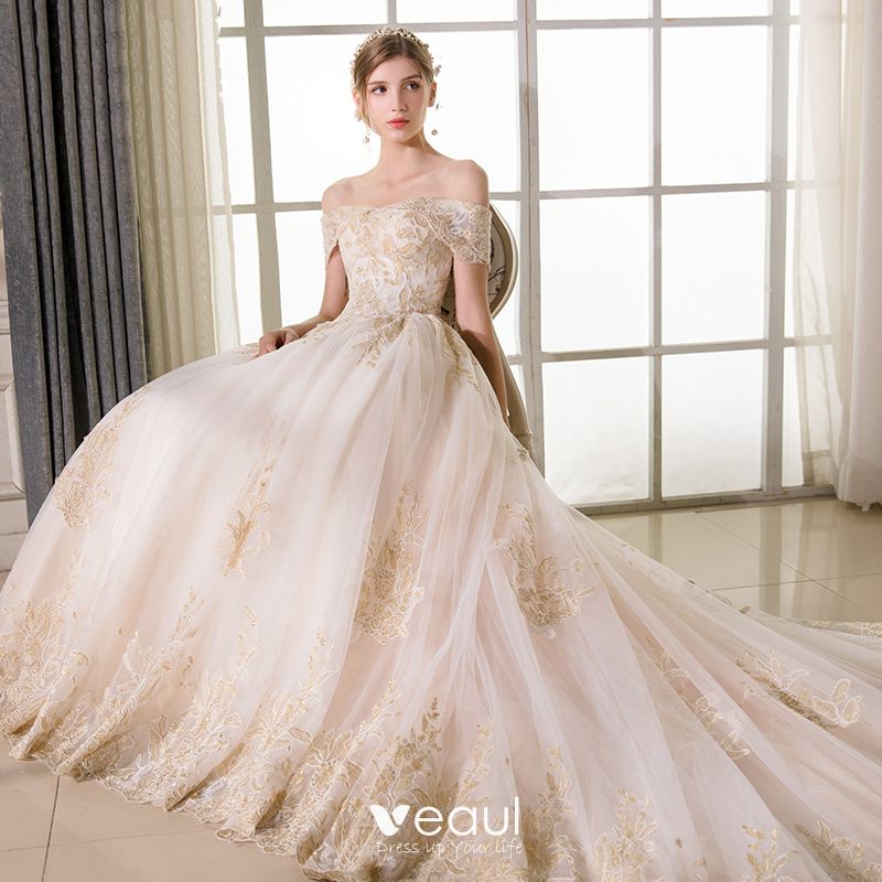 Elegant Champagne Wedding Dresses 2018 A-Line / Princess Lace ...
