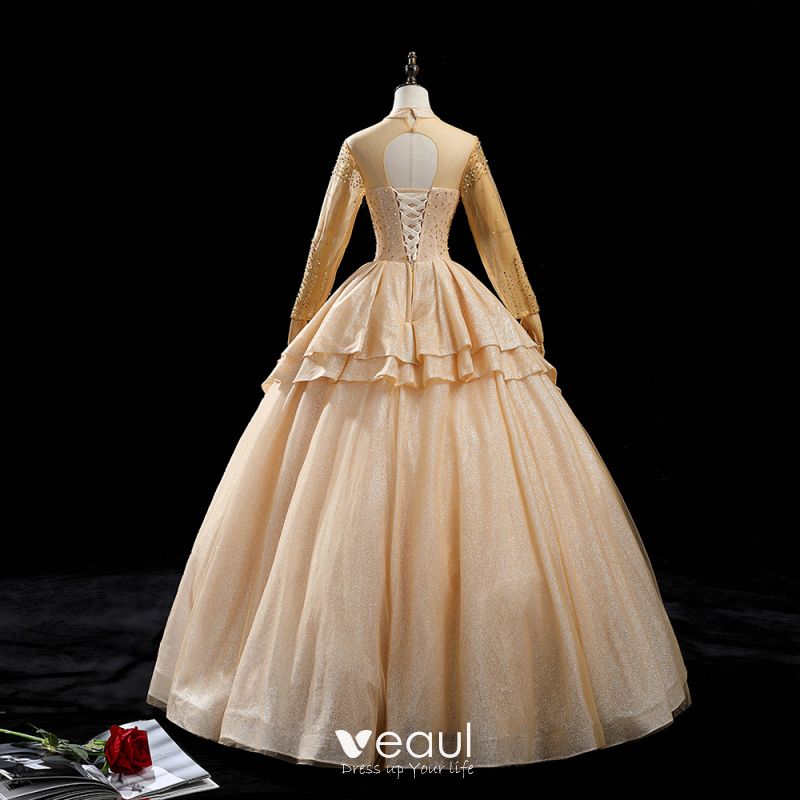 High-end Gold Dancing Prom Dresses 2020 Ball Gown See-through High Neck ...
