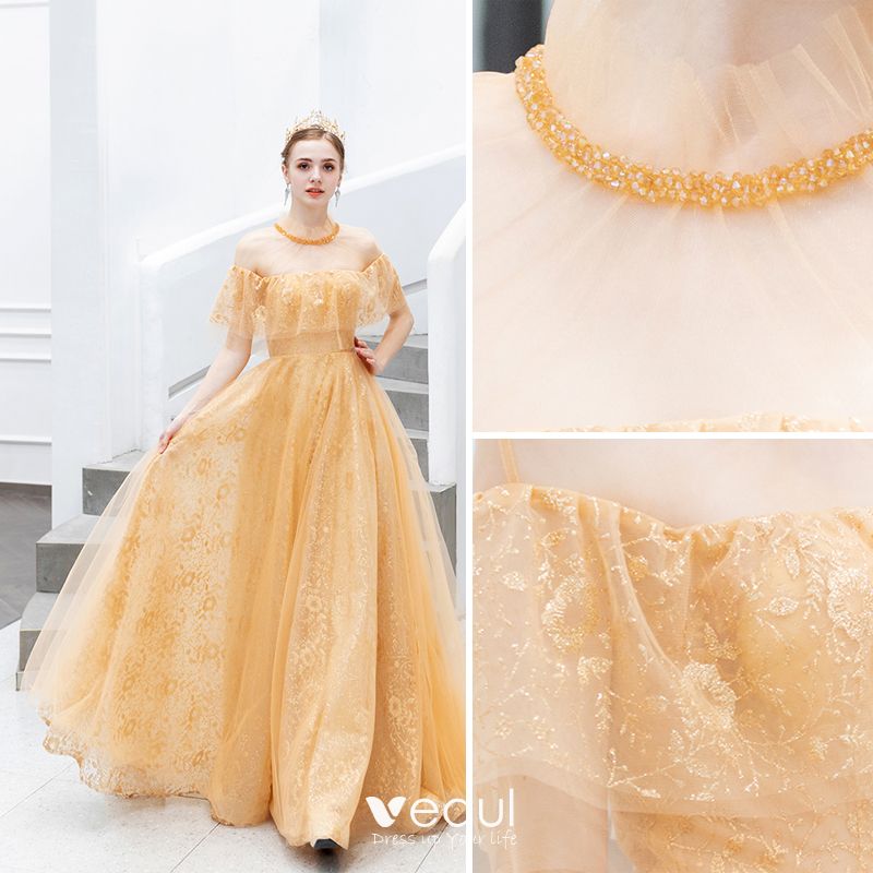 Charming Gold Evening Dresses 2019 A-Line / Princess Scoop Neck Beading ...