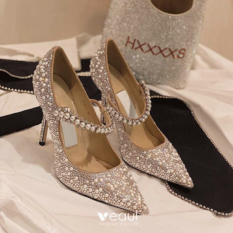 Sparkly Silver Sequins Wedding Shoes 2020 Leather Pearl 9 cm Stiletto ...
