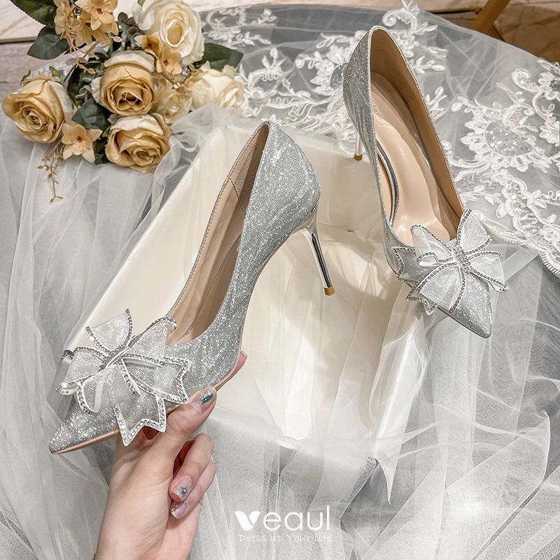 Sparkly Silver Glitter Wedding Shoes 2020 Leather Rhinestone Sequins Bow 8  cm Stiletto Heels Pointed Toe Wedding Pumps