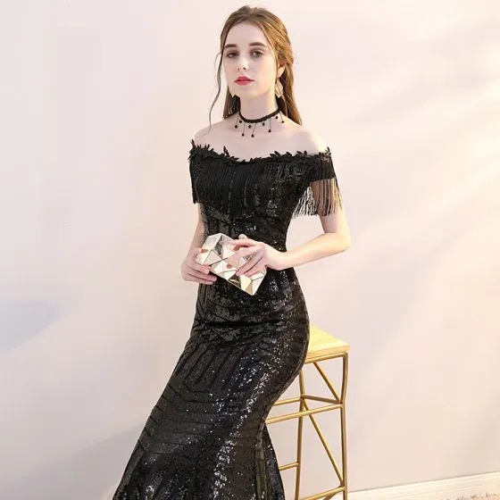 Bling Bling Black Sequins Evening Dresses 2019 Trumpet / Mermaid Off ...