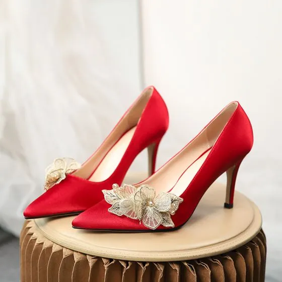Chinese style Satin Red Wedding Shoes 2020 Gold Appliques 8 cm Stiletto ...