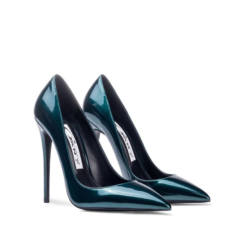 green patent heels