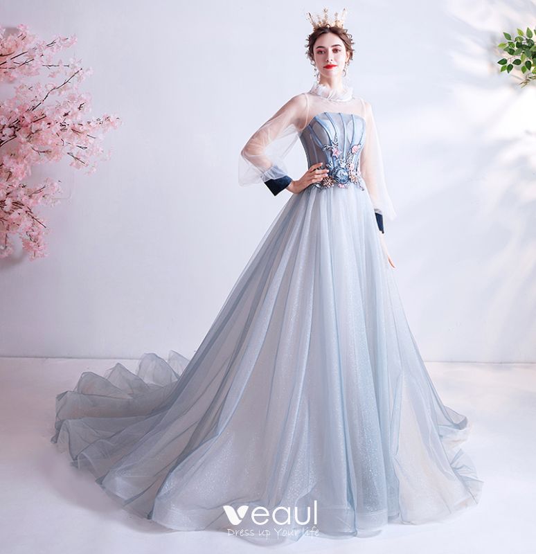 Vintage / Retro Flower Fairy Sky Blue Prom Dresses 2020 A-Line ...