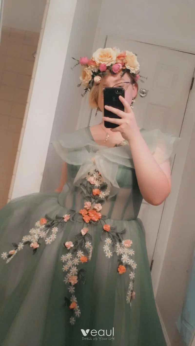 Flower Fairy Green Prom Dresses 2018 Ball Gown Appliques VNeck