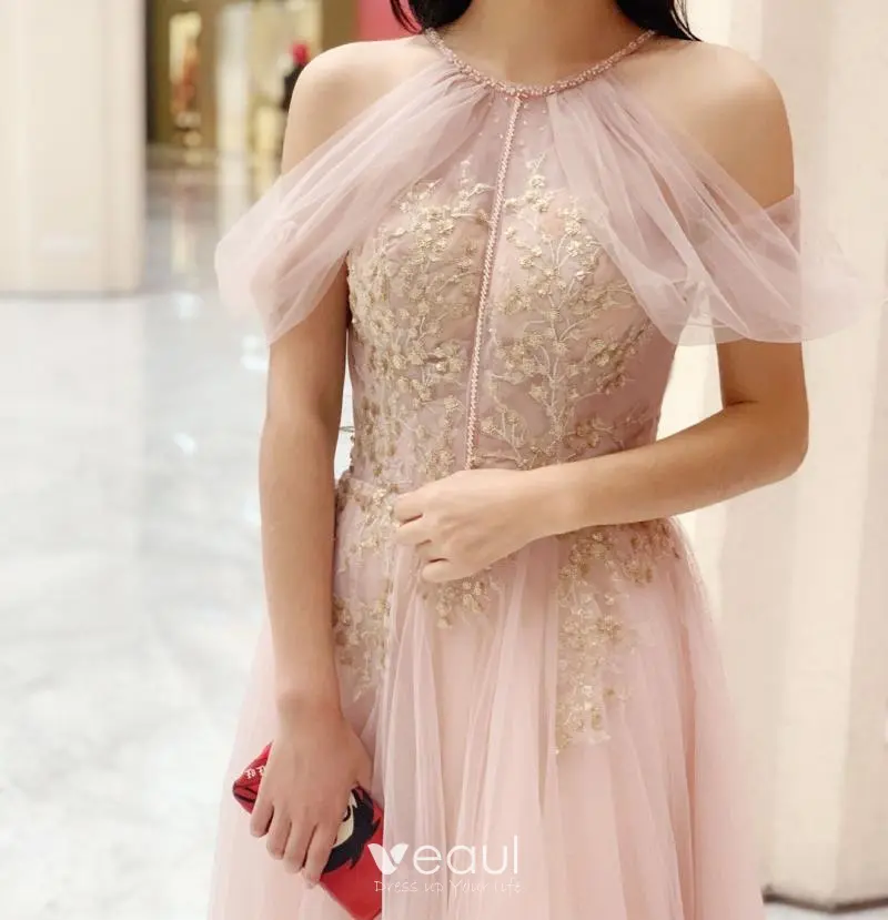 Full Length Dress with ILLusion NECK Pearl Pink