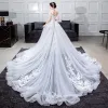 Romantic White Summer Wedding Dresses 2019 Ball Gown Off-The-Shoulder Short Sleeve Backless Appliques Lace Flower Pearl Rhinestone Chapel Train Ruffle