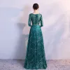 Schöne Dunkelgrün Abendkleider 2017 A Linie Tülle U-Ausschnitt Perlenstickerei Pailletten Glanz Abend Festliche Kleider