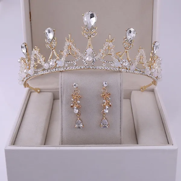 Schöne Gold Diadem Ohrringe Haarschmuck Braut  2020 Legierung Kristall Perle Strass Hochzeit Brautaccessoires