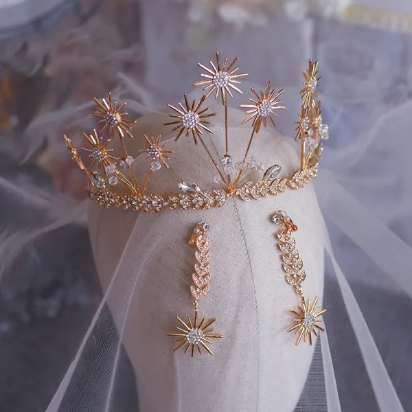 Schöne Gold Haarschmuck Braut  2019 Metall Blatt Ohrringe Diadem Kristall Strass Hochzeit Brautaccessoires