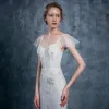 Sexy Beach Ivory Wedding Dresses 2018 Trumpet / Mermaid Spaghetti Straps Sleeveless Backless Beading Ruffle Sweep Train