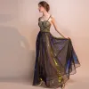 Sexy Black Gold Royal Blue Summer Evening Dresses  2018 Empire Spaghetti Straps Sleeveless Beading Sparkly Tulle Floor-Length / Long Backless Formal Dresses