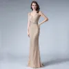 Sexy Champagne Evening Dresses  2019 Trumpet / Mermaid Deep V-Neck Sleeveless Handmade  Beading Sweep Train Backless Formal Dresses