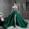 Sexy Dark Green Satin Evening Dresses  2020 A-Line / Princess Sweetheart Sleeveless Appliques Lace Court Train Split Front Ruffle Backless Formal Dresses
