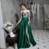 Sexy Dark Green Satin Evening Dresses  2020 A-Line / Princess Sweetheart Sleeveless Appliques Lace Court Train Split Front Ruffle Backless Formal Dresses