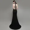 Sexy Einfarbig Schwarz Abendkleider 2020 Meerjungfrau Neckholder Perlenstickerei Ärmellos Rückenfreies Sweep / Pinsel Zug Festliche Kleider