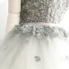 Sexy Grey Cocktail Dresses 2018 Ball Gown Lace Appliques Pearl Sash Sweetheart Backless Short Sleeveless Formal Dresses